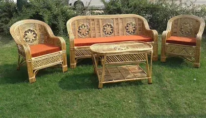 F K CANE HANDICRAFT Bamboo Cane 3 Seater Sofa Set with Table for Home, Living Room, Office, Outdoor, Indoor, Garden, Resort with Cushion